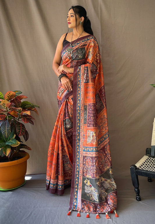 Cotton Kalamkari Printed Saree Sunrise Orange Saris & Lehengas