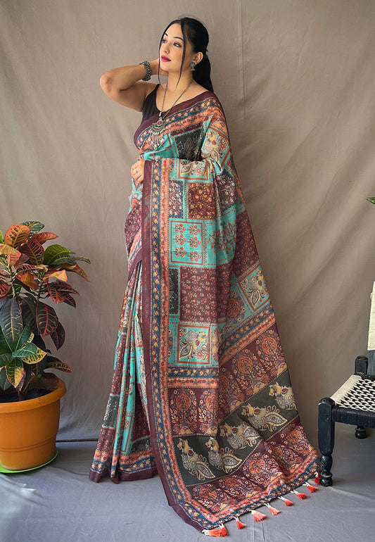 Cotton Kalamkari Printed Saree Teal Blue Saris & Lehengas