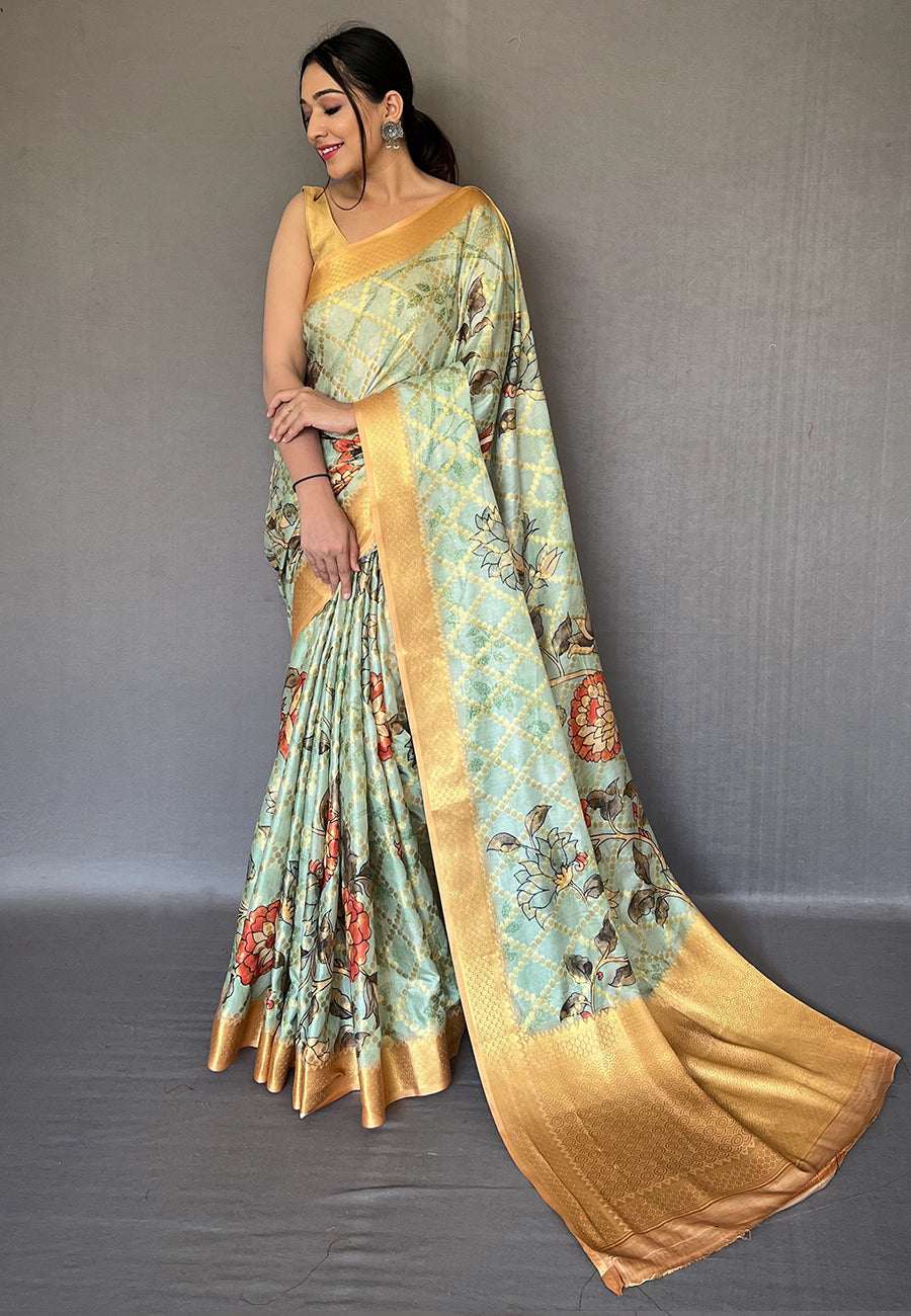 Thistle Green Soft Pure Muslin Floral Printed Woven Saree