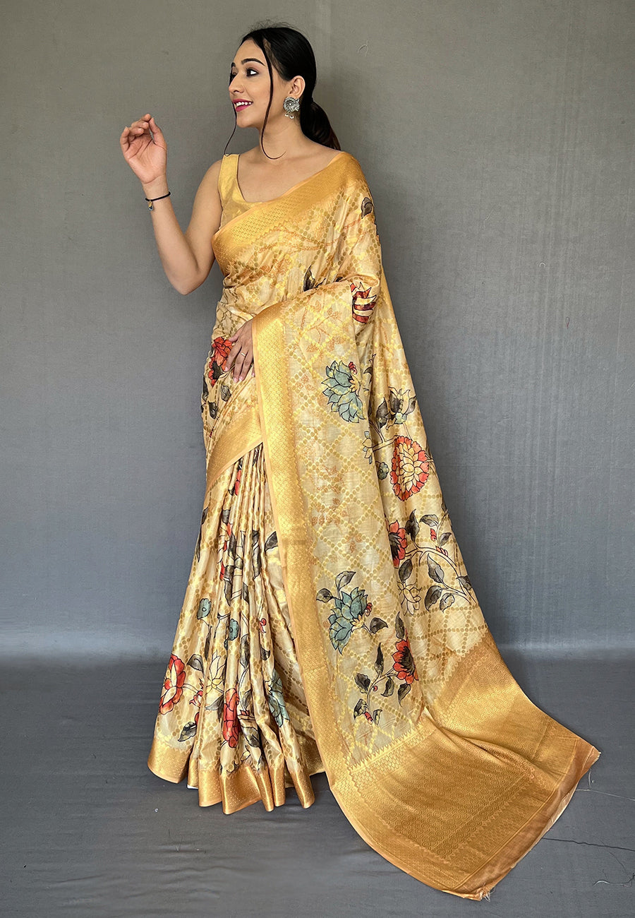 Light Yellow Soft Pure Muslin Floral Printed Woven Saree