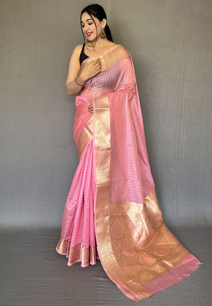 Pink Plain Organza Checks Zari Woven Saree Party wear Saree