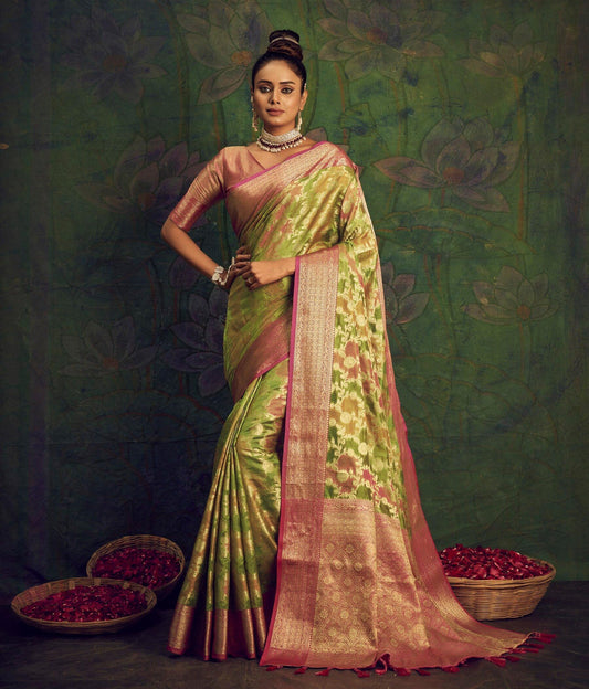 Rangkart Vol. 2 Jaal Organza Contrast Woven Saree Pista Green Saris & Lehengas