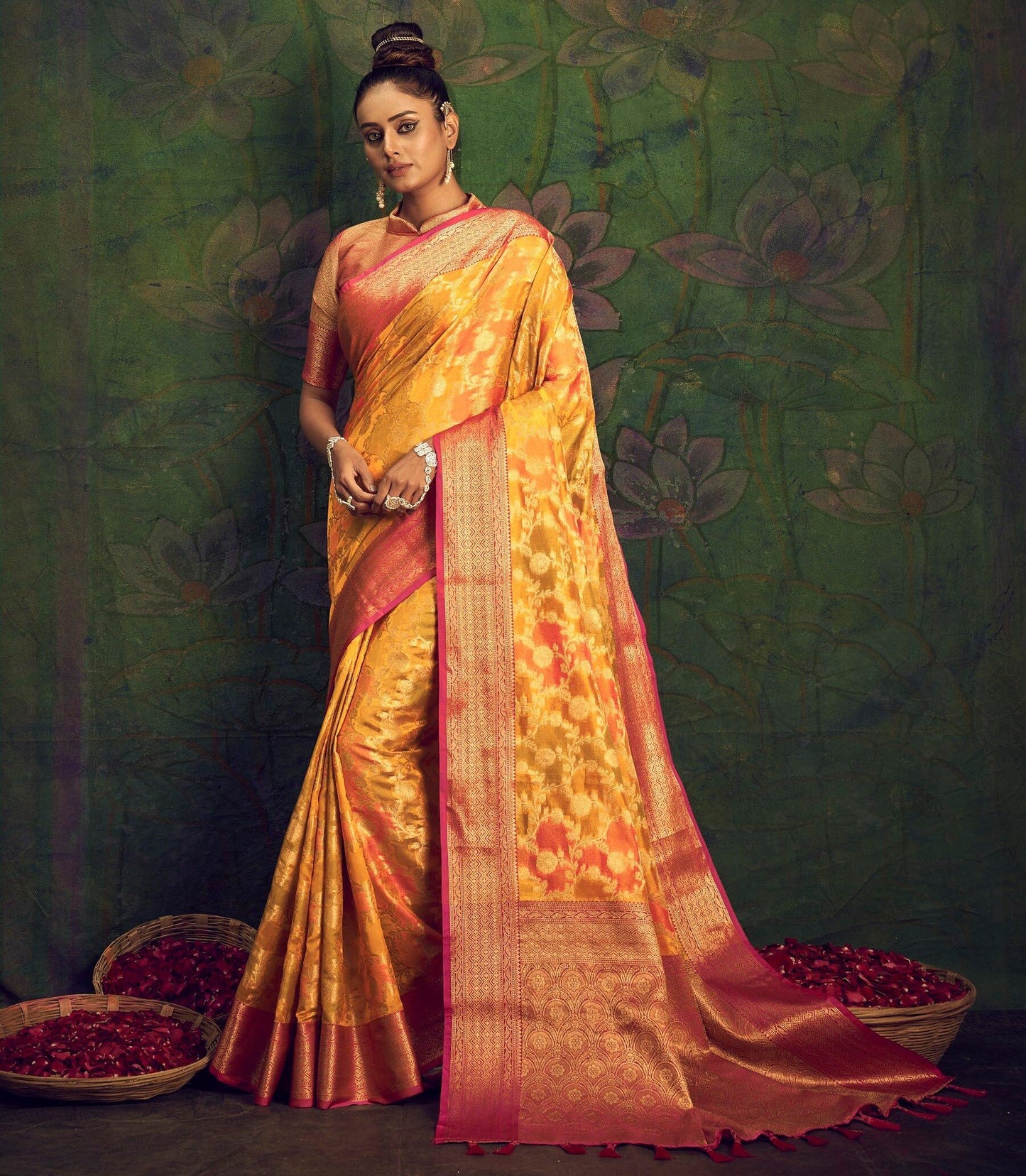 Rangkart Vol. 2 Jaal Organza Contrast Woven Saree Yellow Gold Saris & Lehengas