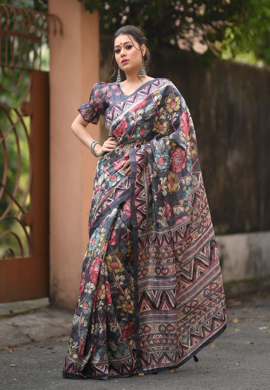 Charcoal Black Amita Linen Cotton Kalamkari Printed Saree