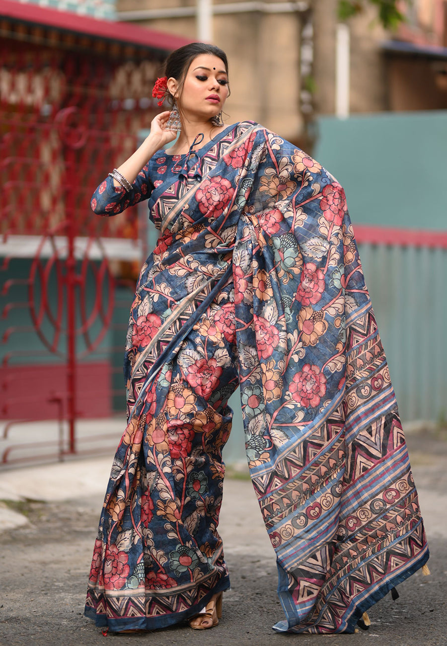 Blue Amita Linen Cotton Kalamkari Printed Saree