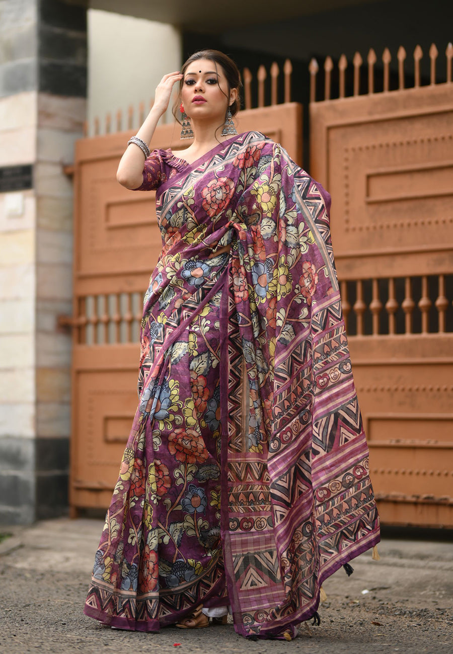 Purple Amita Linen Cotton Kalamkari Printed Saree