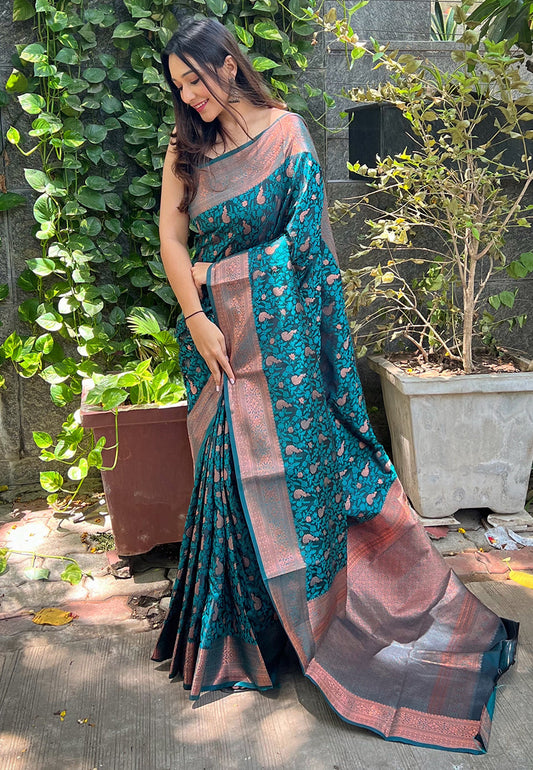 Turquoise Sita Banarasi Silk Copper Zari Woven Saree