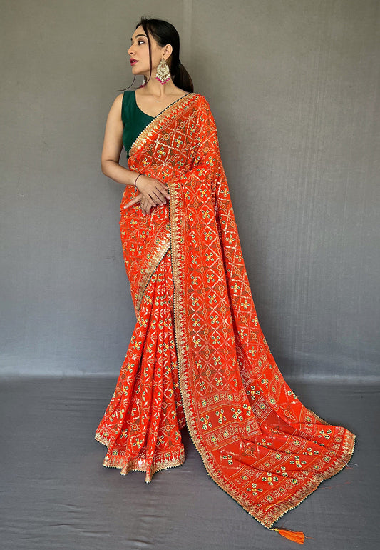Orange Georgette Bandhani Gota Patti Embroidered Saree