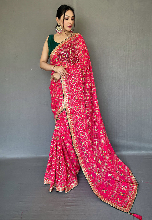Pink Georgette Bandhani Gota Patti Embroidered Saree