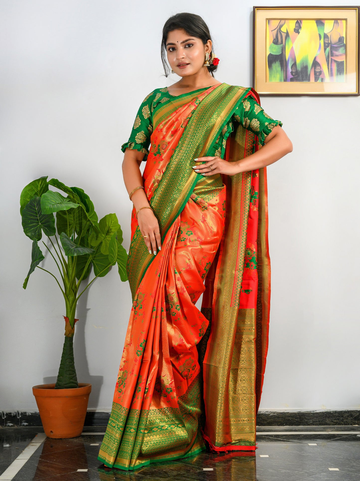 Pure Kanjeevaram Meenakari Woven Saree International Orange Saris & Lehengas