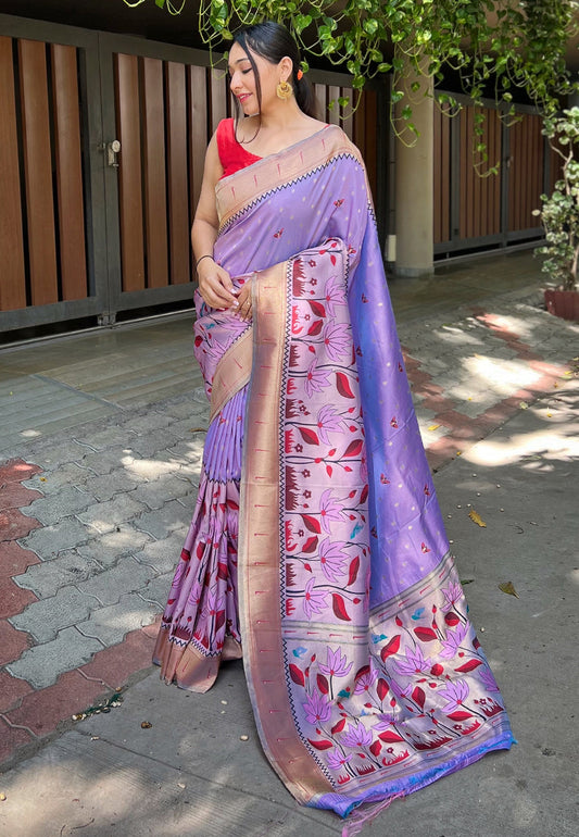 Lavender Titli Royal Paithani Silk Zari Woven Saree Party wear Saree