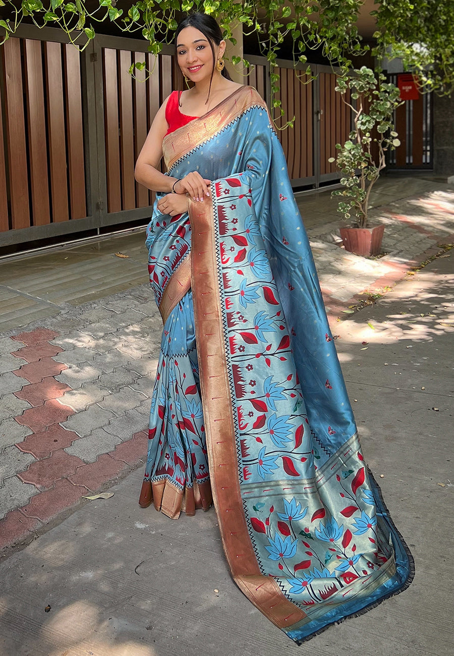 Pastel Blue Titli Royal Paithani Silk Zari Woven Saree Party wear Saree