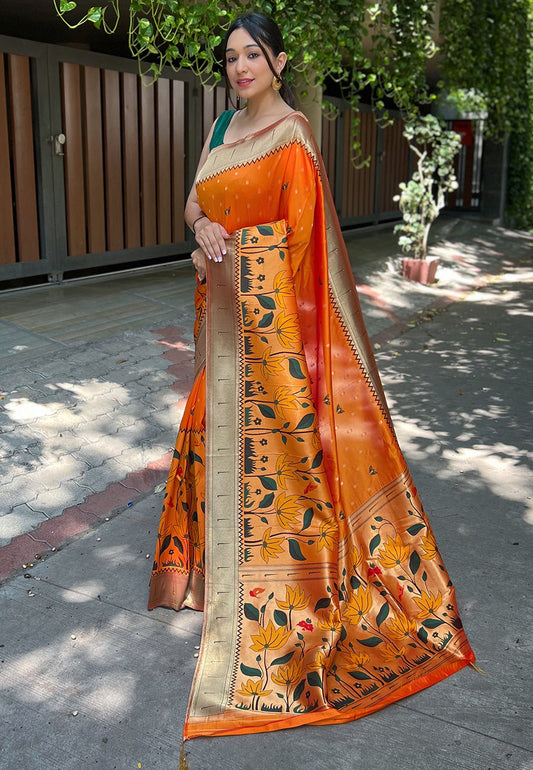 Orange Titli Royal Paithani Silk Zari Woven Saree Party wear Saree
