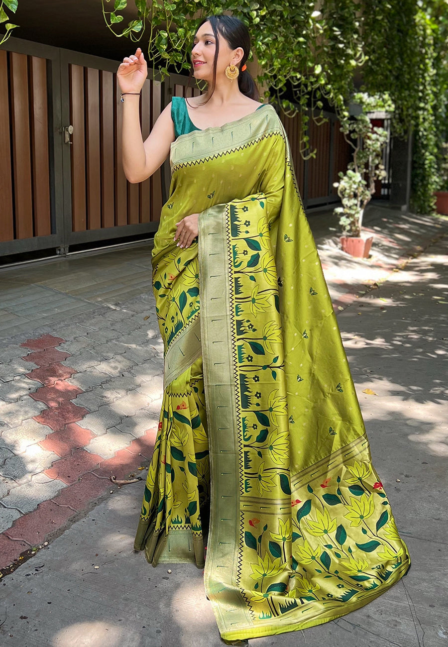 Avocado Green Titli Royal Paithani Silk Zari Woven Saree Party wear Saree