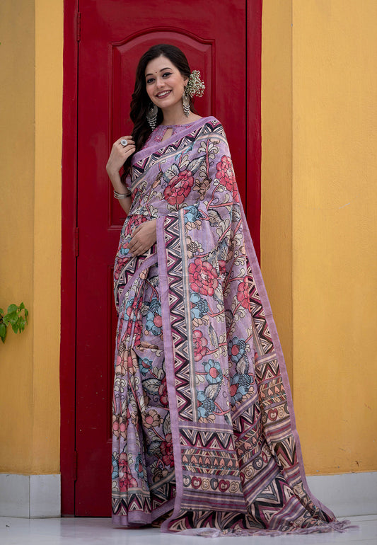 Lavender Amita Linen Cotton Kalamkari Printed Saree