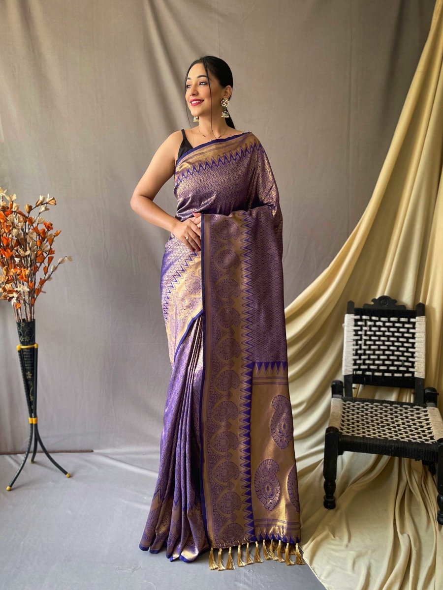 Pure Kanjeevaram Silk Woven Saree Blue Purple Saris & Lehengas