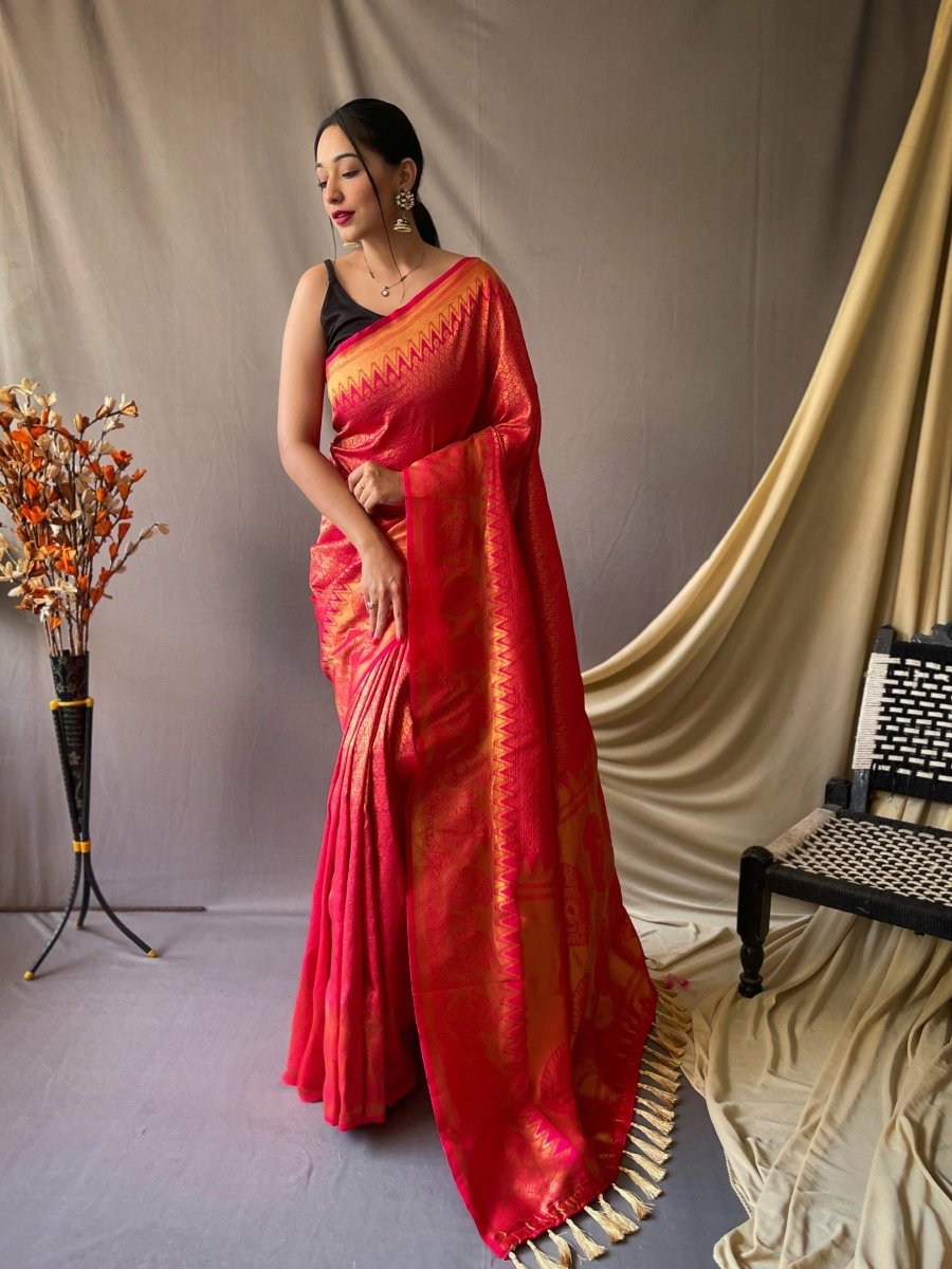 Pure Kanjeevaram Silk Woven Saree Pinkish Red Saris & Lehengas