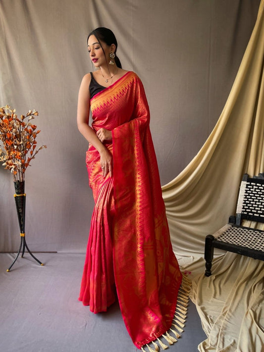 Pure Kanjeevaram Silk Woven Saree Pinkish Red Saris & Lehengas