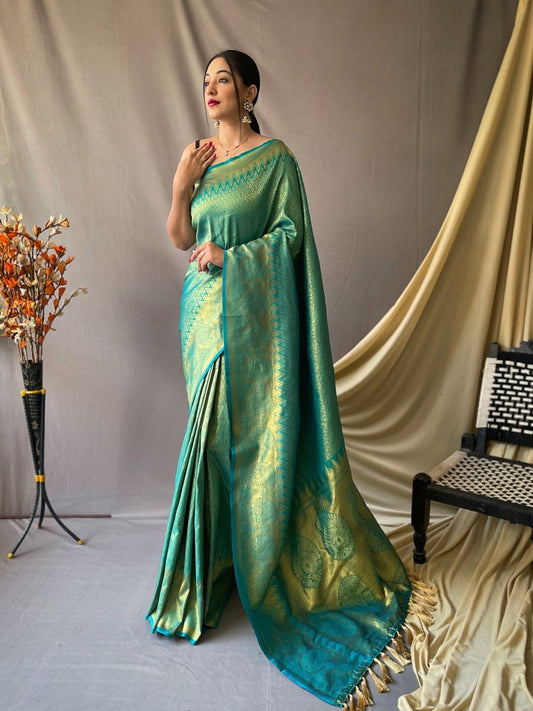 Pure Kanjeevaram Silk Woven Saree Sea Green Saris & Lehengas