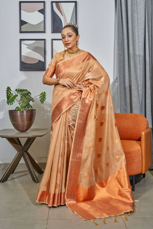 Cream Lakshmi Organza Tissue Silk Woven Saree