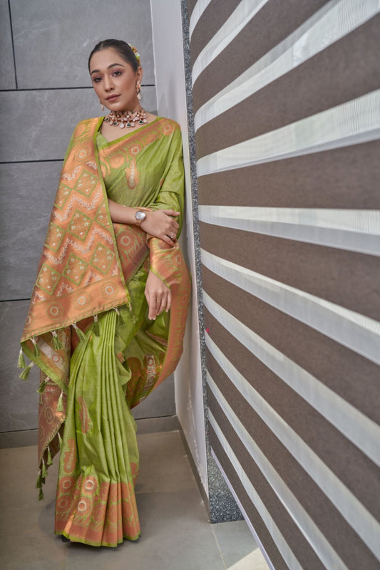 Green Devika Tussar Silk Copper Zari Woven Saree