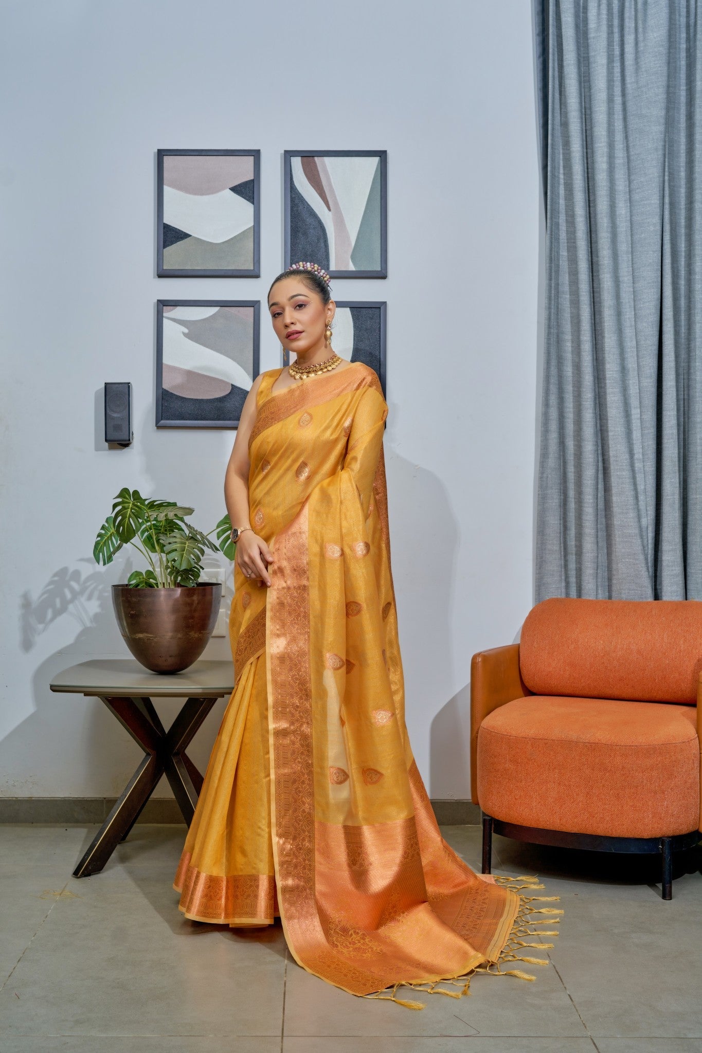 Yellow Lakshmi Organza Tissue Silk Woven Saree