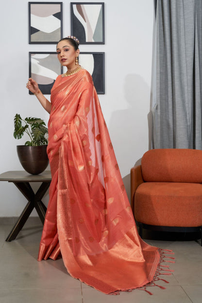 Dark Peach Lakshmi Organza Tissue Silk Woven Saree