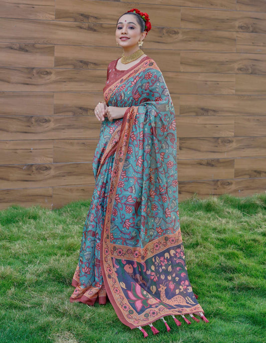 Blue Reshma Cotton Kalamkari Printed Saree