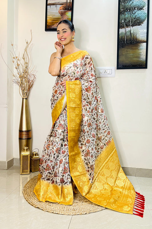 Banarasi Silk Floral Printed Contrast Woven Saree Mustard Yellow