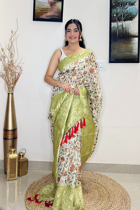 Banarasi Silk Floral Printed Contrast Woven Saree Pastel Green