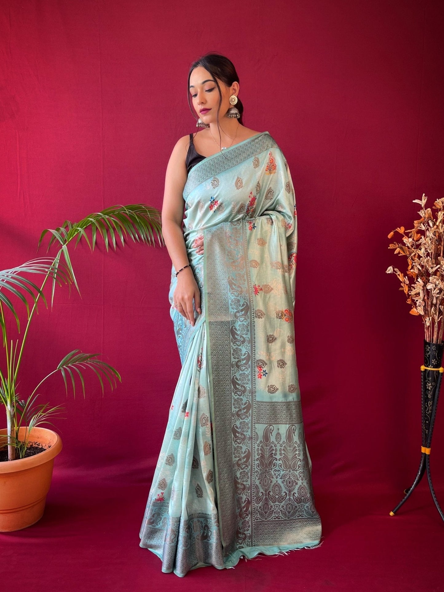 Kesariya Soft Silk Floral Printed Woven Saree Powder Blue