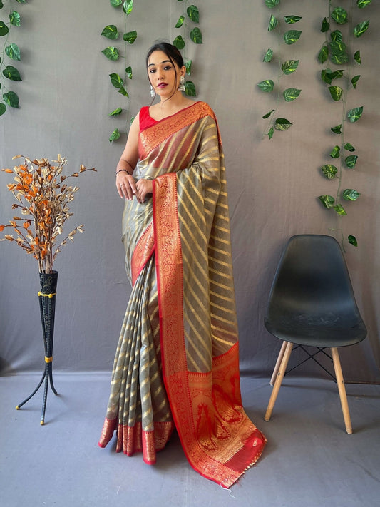 Organza Leheriya Contrast Woven Saree Grey Saris & Lehengas