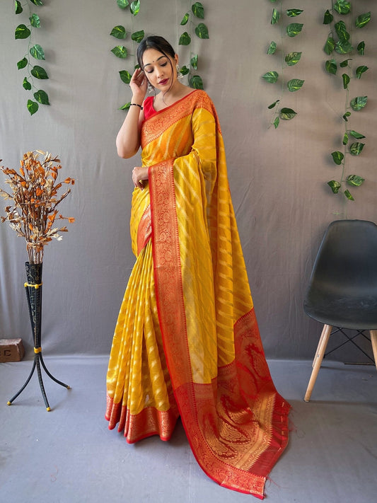 Organza Leheriya Contrast Woven Saree Orange Yellow Saris & Lehengas