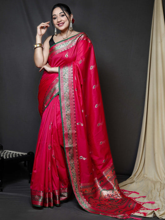 Paithani Silk Peacock Zari Contrast Border Woven Saree Pink Saris & Lehengas