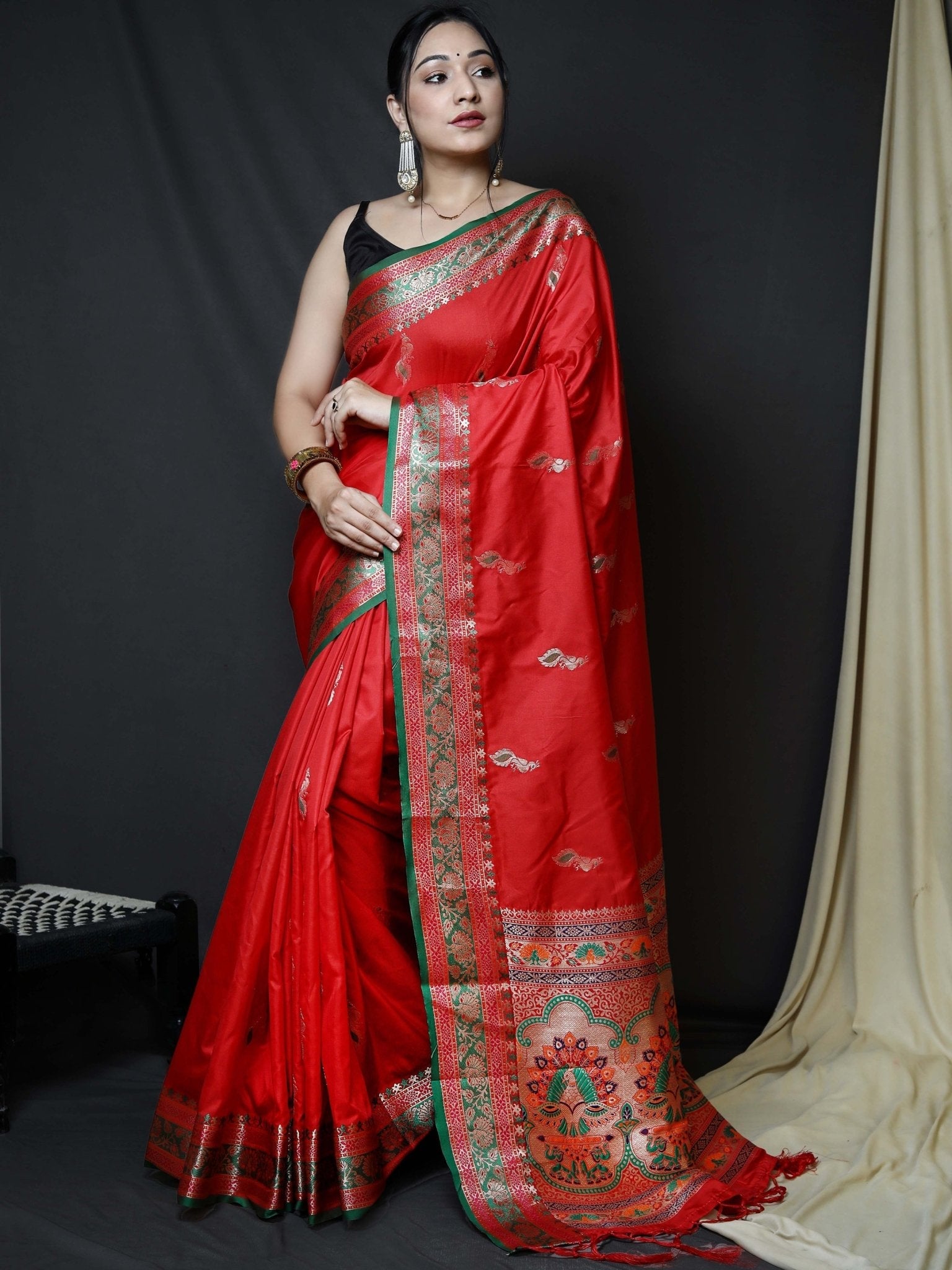 Paithani Silk Peacock Zari Contrast Border Woven Saree Red Saris & Lehengas