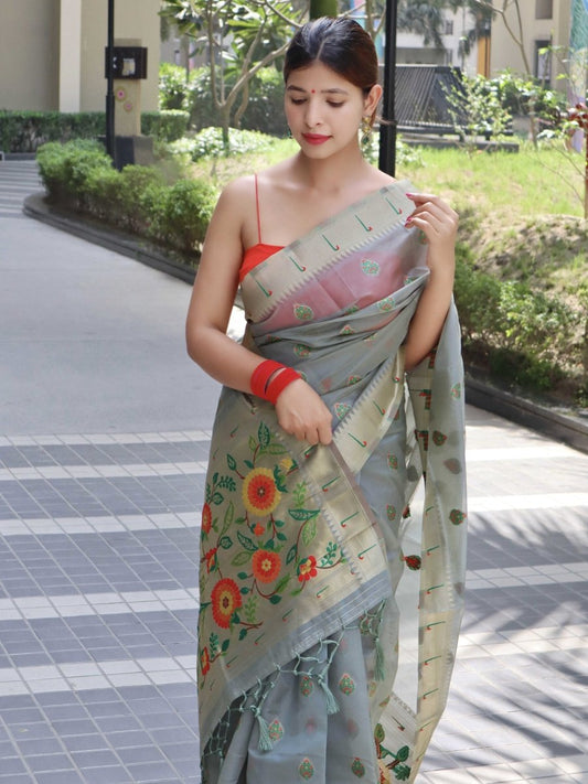 Parineeti Paithani Organza Woven Saree Grey Saris & Lehengas