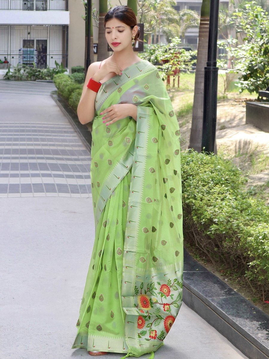 Parineeti Paithani Organza Woven Saree Pista Green Saris & Lehengas