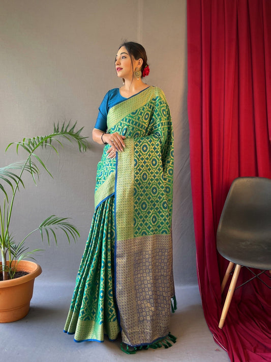 Patola Silk Woven Vol. 5 Contrast Green with Blue Saris & Lehengas