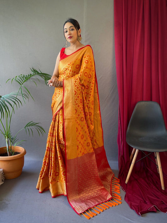 Patola Silk Woven Vol. 5 Contrast Orange with Red Saris & Lehengas