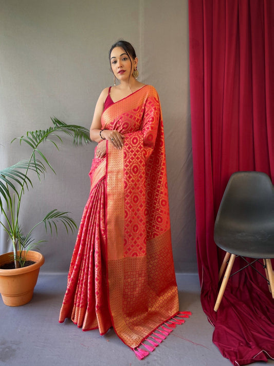 Patola Silk Woven Vol. 5 Contrast Peach with Pink Saris & Lehengas