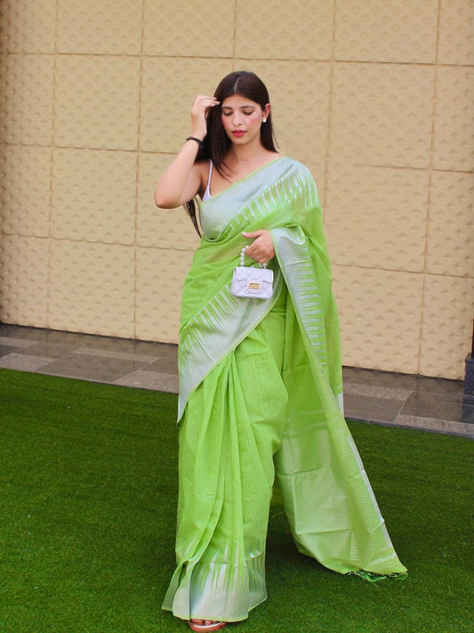 Pure Cotton Temple Woven Pastel Green Saris & Lehengas
