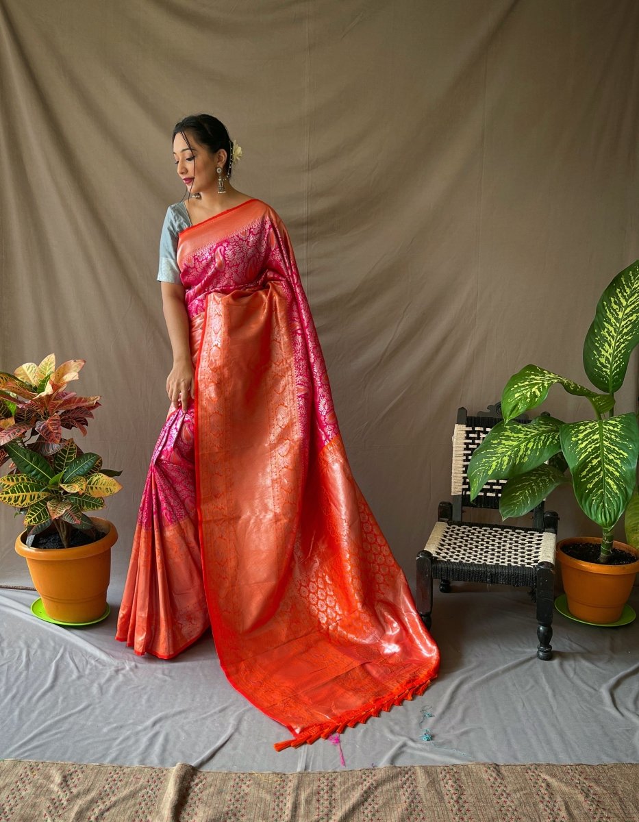 Pure Kanjeevaram Meenakari Woven Pink Saris & Lehengas