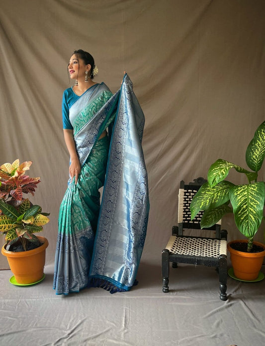 Pure Kanjeevaram Meenakari Woven Rama Green Saris & Lehengas