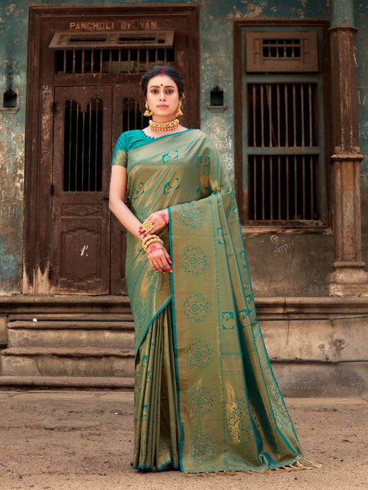 Pure Kanjeevaram Silk Mahalaxmi Green Saris & Lehengas