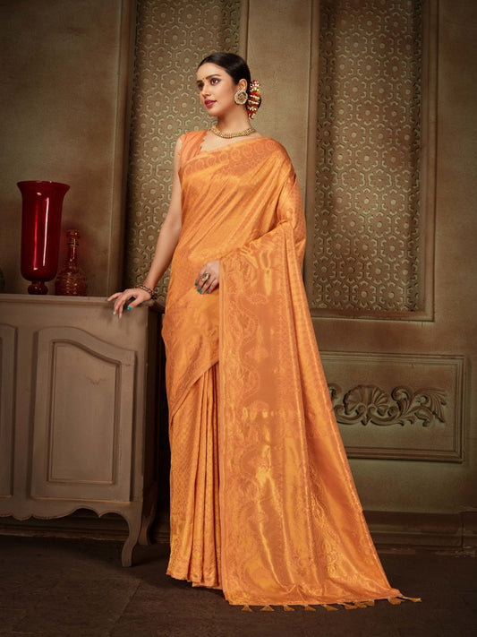 Pure Kanjeevaram Silk Maharani Pastel Orange Saris & Lehengas
