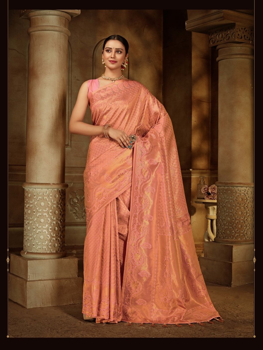 Pure Kanjeevaram Silk Maharani Peach Saris & Lehengas