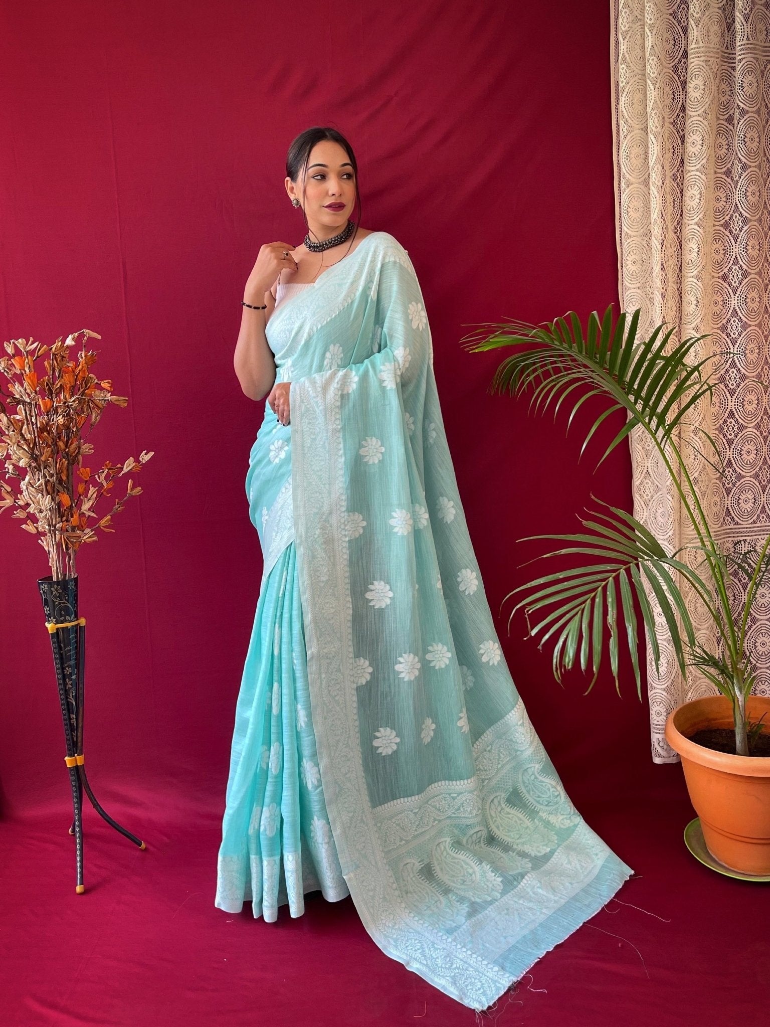 Pure Linen Lucknowi Woven Saree Cyan Blue Saris & Lehengas