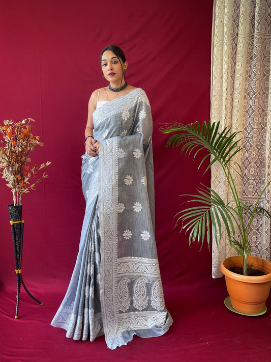 Pure Linen Lucknowi Woven Saree Grey Saris & Lehengas