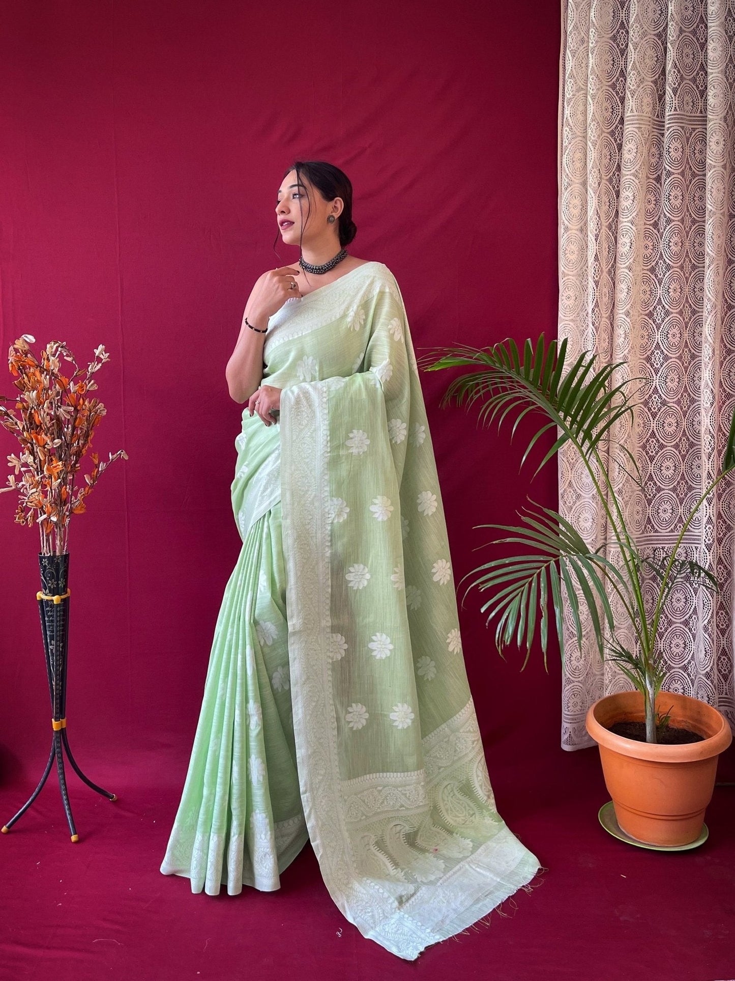 Pure Linen Lucknowi Woven Saree Light Green Saris & Lehengas