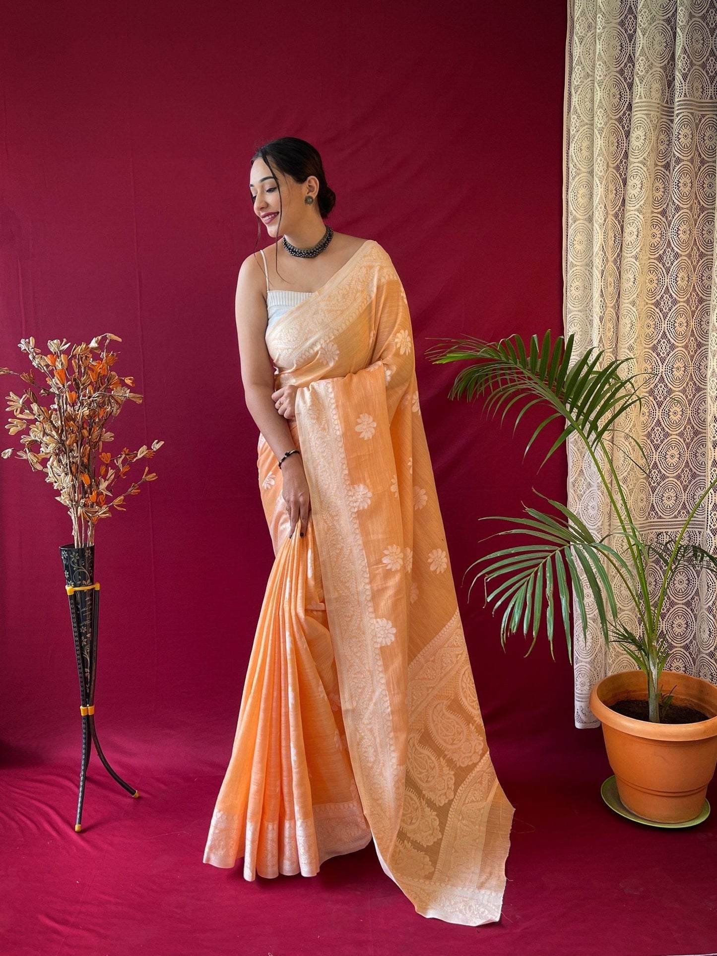 Pure Linen Lucknowi Woven Saree Orange Saris & Lehengas